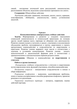 связей, построение логической цепи рассуждений, доказательство;
распознавание объектов, выделение существенных признаков и их синтез.
Содержание. Общеучебные действия.
Логические действия: сравнение, опознание, анализ, синтез, сериация,
классификация, обобщение, доказательство, вывод; установление
аналогий.
4 раздел
Коммуникативные универсальные учебные действия
Задачи. Формирование и развитие у младших школьников
социальной компетентности и сознательной ориентации на позиции
других людей (прежде всего, партнера по общению или деятельности).
Развитие умения слушать и вступать в диалог, участвовать в коллективном
обсуждении проблем, интегрироваться в группу сверстников и строить
продуктивное взаимодействие и сотрудничество со сверстниками и
взрослыми. Развитие умения выражать свои мысли в соответствии с
задачами и условиями коммуникации. Развитие умения владеть
монологической и диалогической формами речи в соответствии с
грамматическими и синтаксическими нормами родного языка.
Содержание. Общение и взаимодействие со сверстниками и
учителем.
Работа в группе (команде)
Планирование учебного сотрудничества с учителем и сверстниками
путем определение цели, функций участников, способов взаимодействия.
Постановка вопросов – инициативное сотрудничество в поиске и
сборе информации.
Разрешение конфликтов - выявление, идентификация проблемы,
поиск и оценка альтернативных способов разрешения конфликта, принятие
решения и его реализация.
Управление поведением партнера – контроль, коррекция, оценка
действий партнера.
21
 