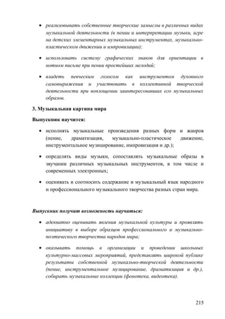 • реализовывать собственные творческие замыслы в различных видах
музыкальной деятельности (в пении и интерпретации музыки, игре
на детских элементарных музыкальных инструментах, музыкально-
пластическом движении и импровизации);
• использовать систему графических знаков для ориентации в
нотном письме при пении простейших мелодий;
• владеть певческим голосом как инструментом духовного
самовыражения и участвовать в коллективной творческой
деятельности при воплощении заинтересовавших его музыкальных
образов.
3. Музыкальная картина мира
Выпускник научится:
• исполнять музыкальные произведения разных форм и жанров
(пение, драматизация, музыкально-пластическое движение,
инструментальное музицирование, импровизация и др.);
• определять виды музыки, сопоставлять музыкальные образы в
звучании различных музыкальных инструментов, в том числе и
современных электронных;
• оценивать и соотносить содержание и музыкальный язык народного
и профессионального музыкального творчества разных стран мира.
Выпускник получит возможность научиться:
• адекватно оценивать явления музыкальной культуры и проявлять
инициативу в выборе образцов профессионального и музыкально-
поэтического творчества народов мира;
• оказывать помощь в организации и проведении школьных
культурно-массовых мероприятий, представлять широкой публике
результаты собственной музыкально-творческой деятельности
(пение, инструментальное музицирование, драматизация и др.),
собирать музыкальные коллекции (фонотека, видеотека).
215
 