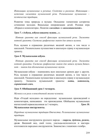 Интонации музыкальные и речевые. Сходство и различие. Интонация –
источник элементов музыкальной речи. Региональные музыкально –
поэтические традиции.
Развитие темы природы в музыке. Овладение элементами алгоритма
сочинения мелодии. Вокальные импровизации детей. Ролевая игра
«Играем в композитора». Понятия «мелодия» и «аккомпанемент».
Урок 7. «Азбука, азбука каждому нужна…».
Нотная грамота как способ фиксации музыкальной речи. Элементы
нотной грамоты. Система графических знаков для записи музыки.
Роль музыки в отражении различных явлений жизни, в том числе и
школьной. Увлекательное путешествие в школьную страну и музыкальную
грамоту.
Урок 8. Музыкальная азбука.
Нотная грамота как способ фиксации музыкальной речи. Элементы
нотной грамоты. Система графических знаков для записи музыки.Запись
нот - знаков для обозначения музыкальных звуков.
Музыкальная азбука – взаимосвязь всех школьных уроков друг с другом.
Роль музыки в отражении различных явлений жизни, в том числе и
школьной. Увлекательное путешествие в школьную страну и музыкальную
грамоту. Элементы музыкальной грамоты: ноты, нотоносец,
скрипичный ключ.
Урок 9. Обобщающий урок 1 четверти.
Музыка и ее роль в повседневной жизни человека.
Игра «Угадай мелодию» на определение музыкальных произведений и
композиторов, написавших эти произведения. Обобщение музыкальных
впечатлений первоклассников за 1 четверть. Урок 10.
Музыкальные инструменты.
Народные музыкальные традиции Отечества. Региональные музыкальные
традиции.
Музыкальные инструменты русского народа – свирели, дудочки, рожок,
гусли. Внешний вид, свой голос, умельцы-исполнители и мастера-
изготовители народных инструментов. Знакомство с понятием «тембр».
219
 
