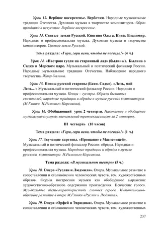 Урок 12. Вербное воскресенье. Вербочки. Народные музыкальные
традиции Отечества. Духовная музыка в творчестве композиторов. Образ
праздника в искусстве. Вербное воскресенье.
Урок 13. Святые земли Русской. Княгиня Ольга. Князь Владимир.
Народная и профессиональная музыка. Духовная музыка в творчестве
композиторов. Святые земли Русской.
Тема раздела: «Гори, гори ясно, чтобы не погасло!» (4 ч.)
Урок 14. «Настрою гусли на старинный лад» (былины). Былина о
Садко и Морском царе. Музыкальный и поэтический фольклор России.
Народные музыкальные традиции Отечества. Наблюдение народного
творчества. Жанр былины.
Урок 15. Певцы русской старины (Баян. Садко). «Лель, мой
Лель…» Музыкальный и поэтический фольклор России. Народная и
профессиональная музыка. Певцы – гусляры. Образы былинных
сказителей, народные традиции и обряды в музыке русских композиторов
(М.Глинки, Н.Римского-Корсакова).
Урок 16. Обобщающий урок 2 четверти. Накопление и обобщение
музыкально-слуховых впечатлений третьеклассников за 2 четверть.
III четверть (10 часов)
Тема раздела: «Гори, гори ясно, чтобы не погасло!» (1 ч.)
Урок 17. Звучащие картины. «Прощание с Масленицей».
Музыкальный и поэтический фольклор России: обряды. Народная и
профессиональная музыка. Народные традиции и обряды в музыке
русского композитора Н.Римского-Корсакова.
Тема раздела: «В музыкальном театре» (5 ч.)
Урок 18. Опера «Руслан и Людмила». Опера. Музыкальное развитие в
сопоставлении и столкновении человеческих чувств, тем, художественных
образов. Формы построения музыки как обобщенное выражение
художественно-образного содержания произведения. Певческие голоса.
Музыкальные темы-характеристики главных героев. Интонационно-
образное развитие в опере М.Глинки «Руслан и Людмила».
Урок 19. Опера «Орфей и Эвридика». Опера. Музыкальное развитие в
сопоставлении и столкновении человеческих чувств, тем, художественных
237
 