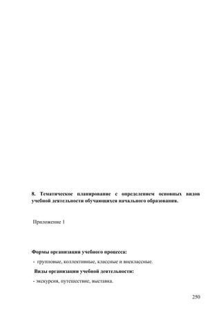 8. Тематическое планирование с определением основных видов
учебной деятельности обучающихся начального образования.
Приложение 1
Формы организации учебного процесса:
- групповые, коллективные, классные и внеклассные.
Виды организации учебной деятельности:
- экскурсия, путешествие, выставка.
250
 