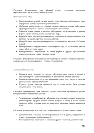 Средством формирования этих действий служит технология оценивания
образовательных достижений (учебных успехов).
Познавательные УУД:
• Ориентироваться в своей системе знаний: самостоятельно предполагать, какая
информация нужна для решения учебной задачи .
• Отбирать необходимые для решения учебной задачи источники информации
среди предложенных учителем энциклопедий, справочников.
• Добывать новые знания: извлекать информацию, представленную в разных
формах (текст, таблица, схема, иллюстрация и др.).
• Перерабатывать полученную информацию: сравнивать и группировать факты и
явления; определять причины явлений, событий.
• Перерабатывать полученную информацию: делать выводы на основе обобщения
знаний.
• Преобразовывать информацию из одной формы в другую: составлять простой
план учебно-научного текста.
• Преобразовывать информацию из одной формы в другую: представлять
информацию в виде текста, таблицы, схемы.
Средством формирования этих действий служит учебный материал и задания учебника,
нацеленные на 1-ю линию развития – умение объяснять мир.
Коммуникативные УУД:
• Доносить свою позицию до других: оформлять свои мысли в устной и
письменной речи с учётом своих учебных и жизненных речевых ситуаций.
• Доносить свою позицию до других: высказывать свою точку зрения и пытаться
её обосновать, приводя аргументы.
• Слушать других, пытаться принимать другую точку зрения, быть готовым
изменить свою точку зрения.
Средством формирования этих действий служит технология проблемного диалога
(побуждающий и подводящий диалог).
• Читать вслух и про себя тексты учебников и при этом: вести «диалог с автором»
(прогнозировать будущее чтение; ставить вопросы к тексту и искать ответы;
проверять себя); отделять новое от известного; выделять главное; составлять
план.
Средством формирования этих действий служит технология продуктивного чтения.
• Договариваться с людьми: выполняя различные роли в группе, сотрудничать в
совместном решении проблемы (задачи).
• Учиться уважительно относиться к позиции другого, пытаться договариваться.
278
 