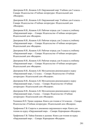 Дмитриева Н.Я., Казаков А.Н. Окружающий мир: Учебник для 3 класса. –
Самара: Издательство «Учебная литература»: Издательский дом
«Федоров».
Дмитриева Н.Я., Казаков А.Н. Окружающий мир: Учебник для 4 класса. –
Самара: Издательство «Учебная литература»: Издательский дом
«Федоров».
Дмитриева Н.Я., Казаков А.Н. Рабочая тетрадь для 1 класса к учебнику
«Окружающий мир». – Самара: Издательство «Учебная литература»:
Издательский дом «Федоров».
Дмитриева Н.Я., Казаков А.Н. Рабочая тетрадь для 2 класса к учебнику
«Окружающий мир». – Самара: Издательство «Учебная литература»:
Издательский дом «Федоров».
Дмитриева Н.Я., Казаков А.Н. Рабочая тетрадь для 3 класса к учебнику
«Окружающий мир». – Самара: Издательство «Учебная литература»:
Издательский дом «Федоров».
Дмитриева Н.Я., Казаков А.Н. Рабочая тетрадь для 4 класса к учебнику
«Окружающий мир». – Самара: Издательство «Учебная литература»:
Издательский дом «Федоров».
Дмитриева Н.Я., Казаков А.Н. Методические рекомендации к курсу
«Окружающий мир», 1-2 класс. – Самара: Издательство «Учебная
литература»: Издательский дом «Федоров».
Дмитриева Н.Я., Казаков А.Н. Методические рекомендации к курсу
«Окружающий мир», 3 класс. – Самара: Издательство «Учебная
литература»: Издательский дом «Федоров».
Дмитриева Н.Я., Казаков А.Н. Методические рекомендации к курсу
«Окружающий мир», 4 класс. – Самара: Издательство «Учебная
литература»: Издательский дом «Федоров».
Топивнец И.П. Уроки здоровья. Книга для чтения в 3-4 классах. – Самара:
Издательство «Учебная литература»: Издательский дом «Федоров».
Трафимова Г.В. Секреты и диковинки окружающего мира: Книга для
чтения по курсу «Окружающий мир». – Самара: Корпорация «Федоров».
Трафимова Г.В. Тайны близкие и далекие: Книга для чтения по курсу
«Окружающий мир». – Самара: Корпорация «Федоров».
281
 