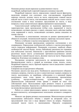 Освоение разных видов пересказа художественного текста:
подробный, выборочный и краткий (передача основных мыслей).
Подробный пересказ текста: определение главной мысли фрагмента,
выделение опорных или ключевых слов, озаглавливание, подробный
пересказ эпизода; деление текста на части, определение главной мысли
каждой части и всего текста, озаглавливание каждой части и всего текста,
составление плана в виде назывных предложений из текста, в виде
вопросов, в виде самостоятельно сформулированного высказывания.
Самостоятельный выборочный пересказ по заданному фрагменту:
характеристика героя произведения (отбор слов, выражений в тексте,
позволяющих составить рассказ о герое), описание места действия (выбор
слов, выражений в тексте, позволяющих составить данное описание на
основе текста).
Вычленение и сопоставление эпизодов из разных произведений по
общности ситуаций, эмоциональной окраске, характеру поступков героев.
Работа с учебными и научно-популярными текстами.
Понимание заглавия произведения; адекватное соотношение с его
содержанием. Определение особенностей учебного и научно-популярного
текста (передача информации). Понимание отдельных, наиболее общих
особенностей текстов былин, легенд, библейских рассказов (по отрывкам
или небольшим текстам). Знакомство с простейшими приёмами анализа
различных видов текста: установление причинно-следственных связей.
Определение главной мысли текста. Деление текста на части. Определение
микротем. Ключевые или опорные слова.
Построение алгоритма деятельности по воспроизведению текста.
Воспроизведение текста с опорой на ключевые слова, модель, схему.
Подробный пересказ текста. Краткий пересказ текста (выделение главного
в содержании текста).
Говорение (культура речевого общения)
Осознание диалога как вида речи. Особенности диалогического общения:
понимать вопросы, отвечать на них и самостоятельно задавать вопросы по
тексту; выслушивать, не перебивая, собеседника и в вежливой форме
высказывать свою точку зрения по обсуждаемому произведению
(учебному, научно-познавательному, художественному тексту).
Доказательство собственной точки зрения с опорой на текст или
собственный опыт. Использование норм речевого этикета в условиях
внеучебного общения. Знакомство с особенностями национального этикета
на основе фольклорных произведений.
Работа со словом (распознавать прямое и переносное значения слов,
их многозначность), целенаправленное пополнение активного словарного
запаса.
Монолог как форма речевого высказывания. Монологическое речевое
высказывание небольшого объёма с опорой на авторский текст, по
предложенной теме или в виде (форме) ответа на вопрос. Отражение
основной мысли текста в высказывании. Передача содержания
30
 