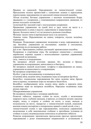 Прыжки со скакалкой. Передвижение по гимнастической стенке.
Преодоление полосы препятствий с элементами лазанья и перелезания,
переползания, передвижение по наклонной гимнастической скамейке.
Лёгкая атлетика. Беговые упражнения: с высоким подниманием бедра,
прыжками и с ускорением, с изменяющимся направлением движения, из
разных исходных положений;
челночный бег; высокий старт с последующим ускорением.
Прыжковые упражнения: на одной ноге и двух ногах на месте и с
продвижением; в длину и высоту; спрыгивание и запрыгивание.
Броски: большого мяча (1 кг) на дальность разными способами.
Метание: малого мяча в вертикальную цель и на дальность.
Лыжные гонки. Передвижение на лыжах; повороты; спуски; подъёмы;
торможение.
Плавание. Подводящие упражнения: вхождение в воду; передвижение по
дну бассейна; упражнения на всплывание; лежание и скольжение;
упражнения на согласование работы
рук и ног. Проплывание учебных дистанций: произвольным способом.
Подвижные и спортивные игры. На материале гимнастики с основами
акробатики: игровые задания с использованием строевых упражнений,
упражнений на внимание,
силу, ловкость и координацию.
На материале лёгкой атлетики: прыжки, бег, метания и броски;
упражнения на координацию, выносливость и быстроту.
На материале лыжной подготовки: эстафеты в передвижении на лыжах,
упражнения на выносливость и координацию.
На материале спортивных игр:
Футбол: удар по неподвижному и катящемуся мячу;
остановка мяча; ведение мяча; подвижные игры на материале футбола.
Баскетбол: специальные передвижения без мяча; ведение мяча; броски
мяча в корзину; подвижные игры на материале баскетбола.
Волейбол: подбрасывание мяча; подача мяча; приём и передача мяча;
подвижные игры на материале волейбола. Народные подвижные игры
разных народов.
Общеразвивающие упражнения
На материале гимнастики с основами акробатики
Развитие гибкости: широкие стойки на ногах; ходьба с включением
широкого шага, глубоких выпадов, в приседе, со взмахом ногами; наклоны
вперёд, назад, в сторону в стойках на ногах, в седах; выпады и
полушпагаты на месте; «выкруты» с гимнастической палкой, скакалкой;
высокие взмахи поочерёдно и попеременно правой и левой ногой, стоя у
гимнастической стенки и при передвижениях; комплексы упражнений,
включающие в себя максимальное сгибание и прогибание туловища (в
стойках и седах); индивидуальные комплексы по развитию гибкости.
Развитие координации: произвольное преодоление простых препятствий;
передвижение с резко изменяющимся направлением и остановками в
50
 