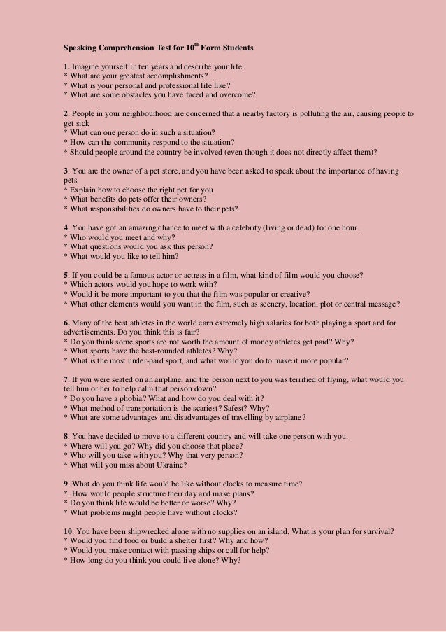 15 Speaking Comprehension Test For 15 Speaking Comprehension Test For