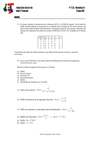Colegio Santa Clara de Asís 4·º E.S.O. Matemáticas B
Global 3ª Evaluación 13-Junio-2012
NOMBRE_________________________________________________
1) Se desea estudiar la producción de vehículos SEAT y AUDI de España.. En la tabla de
doble entrada adjunta se presentan los resultados de un estudio de 50 concesionarios de
todo el país seleccionadas aleatoriamente. Se proporcionan las frecuencias conjuntas del
número de vehículos (en miles) de coches AUDI (X) y SEAT (Y) vendidos en el último
año.
X/Y 0 1 2 3 4
0 0 3 3 4 1
1 5 1 0 7 2
2 7 0 3 0 1
3 0 5 0 0 3
4 2 0 1 2 0
Transforma esta tabla de doble entrada en una tabla de frecuencias normal y calcula la
covarianza
2) En el curso 2010-2011, las notas finales de Matemáticas B fueron las siguientes:
5,8,4,5,9,4,6,10 ,5,8,6.
Realiza la tabla completa de frecuencias y Calcula:
a) Moda.
b) Tercer Cuartil
c) Percentil 59
d) Desviación típica
e) Media
f) Porcentaje de Alumnos con un ocho
3) Halla la derivada de:
Cosxxx
xf
X
⋅+
=
)(
5
)( 23
4) Halla el dominio de la siguiente función:
6
3
)(
+
−
=
x
x
xf
5) Halla las asíntotas y representa aproximadamente:
16
)( 2
2
−
=
x
x
xf
6) Dadas las funciones: xxgy
x
xf 21)(,
2
2
)( −=
+
= :
a) Halla: ))(( xfg 
b) Halla: )(1
xf −
Todas las preguntas valen 1 punto
 