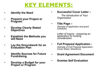 KEY ELEMENTS:   Identify the Need Pinpoint your Project or Program Develop Clearly Stated Objectives Establish the Methods you will Need Lay the Groundwork for an Evaluation Plan Identify Sources for Future Fundraising Develop a Budget for your Project or Program Successful Cover Letter – The Introduction of Your  Organization Title Page – (Sample of application and grant schedule ) Letter of Inquiry   - preparing an application for funding consideration Full Proposal Application -  ( Sample of Full Proposal Application, Cover Sheet, Directions ) Grant Agreement Document Grantee Self Evaluation 