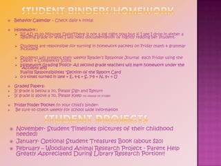 Student Binders/HomeworkBehavior Calendar – Check daily & initial