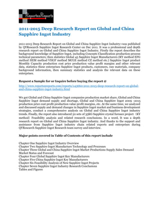 2011-2015 Deep Research Report on Global and China
Sapphire Ingot Industry

2011-2015 Deep Research Report on Global and China Sapphire Ingot Industry>was published
by QYResearch Sapphire Ingot Research Center on Dec 2011. It was a professional and depth
research report on Global and China Sapphire Ingot Industry. Firstly the report describes the
background knowledge of Sapphire Ingot, including Concepts Classification production process
technical parameters; then statistics Global 45 Sapphire Ingot Manufacturers (KY method EFG
method HEM method VHGF method MCGE method CZ method etc.) Sapphire Ingot product
Monthly Capacity production cost price production value profit margins and other relevant
data, statistics these enterprises Sapphire Ingot products, customers, raw materials, company
background information, then summary statistics and analysis the relevant data on these
enterprises.

Request a Sample for or Inquire before buying the report @
http://www.reportsnreports.com/reports/143660-2011-2015-deep-research-report-on-global-
and-china-sapphire-ingot-industry.html

We got Global and China Sapphire Ingot companies production market share, Global and China
Sapphire Ingot demand supply and shortage, Global and China Sapphire Ingot 2009 -2015
production price cost profit production value profit margins, etc. At the same time, we analyzed
and discussed supply and demand changes in Sapphire Ingot market and business development
strategies, conduct a comprehensive analysis on Global and China Sapphire Ingot industry
trends. Finally, the report also introduced 50 sets of 35KG Sapphire crystal furnace project（KY
method）Feasibility analysis and related research conclusions. In a word, It was a depth
research report on Global and China Sapphire Ingot industry. And thanks to the support and
assistance from Sapphire Ingot industry chain related experts and enterprises during
QYResearch Sapphire Ingot Research team survey and interview.

Major points covered in Table of Contents of this report include

Chapter One Sapphire Ingot Industry Overview
Chapter Two Sapphire Ingot Manufacture Technology and Processes
Chapter Three Global and China Sapphire Ingot Market Productions Supply Sales Demand
Market Status and Forecast
Chapter Four Global Sapphire Ingot Key Manufacturers
Chapter Five China Sapphire Ingot Key Manufacturers
Chapter Six Feasibility Analysis of New Sapphire Ingot Projects
Chapter Seven Sapphire Ingot Industry Research Conclusions
Tables and Figures
 