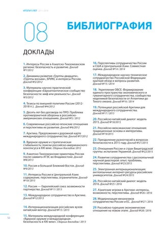 ИТОГИ 5 ЛЕТ 2011–2016
50
08 БИБЛИОГРАФИЯ
ДОКЛАДЫ
1. Интересы России в Азиатско-Тихоокеанском
регионе: безопасность и развитие. Доклад
№1/2012
2. Динамика развития «Группы двадцати»,
«Группы восьми», БРИКС и интересы России.
Доклад №2/2012
3. Материалы научно-практической
конференции «Евроатлантическое сообщество
безопасности: миф или реальность». Доклад
№3/2012
4. Тезисы по внешней политике России (2012-
2018 гг.). Доклад №4/2012
5. Десять лет без договора по ПРО. Проблема
противоракетной обороны в российско-
американских отношениях. Доклад №5 / 2012
6. Современные российско-японские отношения
и перспективы их развития. Доклад №6/2012
7. Арктика. Предложения к дорожной карте
международного сотрудничества. Доклад №7/2012
8. Ядерное оружие и стратегическая
стабильность: поиски российско-американского
консенсуса в XXI веке. Сборник докладов/ 2012
9. Азиатско-Тихоокеанские ориентиры России
после саммита АТЭС во Владивостоке. Доклад
№8/2013
10. Россия и Большой Ближний Восток. Доклад
№9/2013
11. Интересы России в Центральной Азии:
содержание, перспективы, ограничители. Доклад
№10/ 2013
12. Россия — Европейский союз: возможности
партнерства. Доклад №11/ 2013
13. Международное сотрудничество в Арктике.
Доклад №12/2013
14. Интернационализация российских вузов:
китайский вектор. Доклад №13 / 2013
15. Материалы международной конференции
«Ядерное оружие и международная .
безопасность в XXI веке». Сборник докладов / 2013
16. Перспективы сотрудничества России
и США в Центральной Азии. Совместная
оценка. Доклад №14 / 2014
17. Международное научно-техническое
сотрудничество Российской Федерации:
краткий обзор и вопросы развития.
Доклад №15 / 2014
18. Укрепление ОБСЕ. Формирование
единого пространства экономического и
гуманитарного сотрудничества, сообщества
неделимой безопасности от Атлантики до
Тихого океана. Доклад №16 / 2014
19. Потенциал российской Арктики для
международного сотрудничества.
Доклад №17 / 2015
20. Российско-китайский диалог: модель
2015. Доклад №18/2015
21. Российско-мексиканские отношения:
традиционные основы и императивы.
Доклад №19/2015
22. Преодоление разногласий в вопросах
безопасности в 2015 году. Доклад №21/2015
23. Отношения России и стран Вишеградской
группы: испытание Украиной. Доклад №22/2015
24. Развитие сотрудничества с русскоязычной
научной диаспорой: опыт, проблемы,
перспективы. Доклад №23/2015
25. Электронная интернационализация:
англоязычные интернет-ресурсы российских
университетов. Доклад №24/2015
26. Российско-китайский диалог: модель
2016. Доклад №25 / 2016
27. Азиатские игроки в Арктике: интересы,
возможности, перспективы. Доклад №26 / 2016
28. Модернизация механизмов
сотрудничества России и ЕС. Доклад №27 / 2016
29. Российско-турецкие экономические
отношения на новом этапе. Доклад №28 / 2016
 