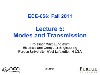 ECE-656: Fall 2011
Lecture 5:
Modes and Transmission
Professor Mark Lundstrom
Electrical and Computer Engineering
Purdue University, West Lafayette, IN USA
1
8/29/11
 