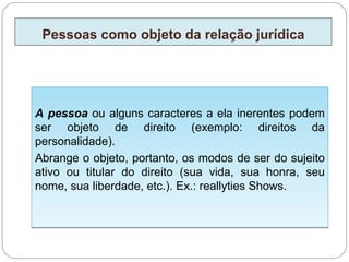 Pessoas como objeto da relação jurídica




A pessoa ou alguns caracteres a ela inerentes podem
ser objeto de direito (exemplo: direitos da
personalidade).
Abrange o objeto, portanto, os modos de ser do sujeito
ativo ou titular do direito (sua vida, sua honra, seu
nome, sua liberdade, etc.). Ex.: reallyties Shows.
 