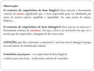 Observação:
O contrato de empréstimo de bem fungível (bens móveis) é denominado
contrato de mútuo, significando que, o bem emprestado pode ser substituído por
outro de mesma espécie, qualidade e quantidade. Ex. uma xícara de açúcar,
dinheiro...

O contrato de empréstimo de bem infungível (bens moveis ou imóveis) é
denominado contrato de comodato. Ou seja, o bem a ser devolvido tem que ser o
mesmo que foi emprestado. (obrigação de dar coisa certa).
 
ATENÇÃO: para fins contratuais o automóvel é um bem móvel infungível porque
tem um número de identificação (chassi).
 
Comodato ad pompam – é o empréstimo de bens fungíveis
( enfeites para uma festa) – sendo assim contrato de comodato.
 