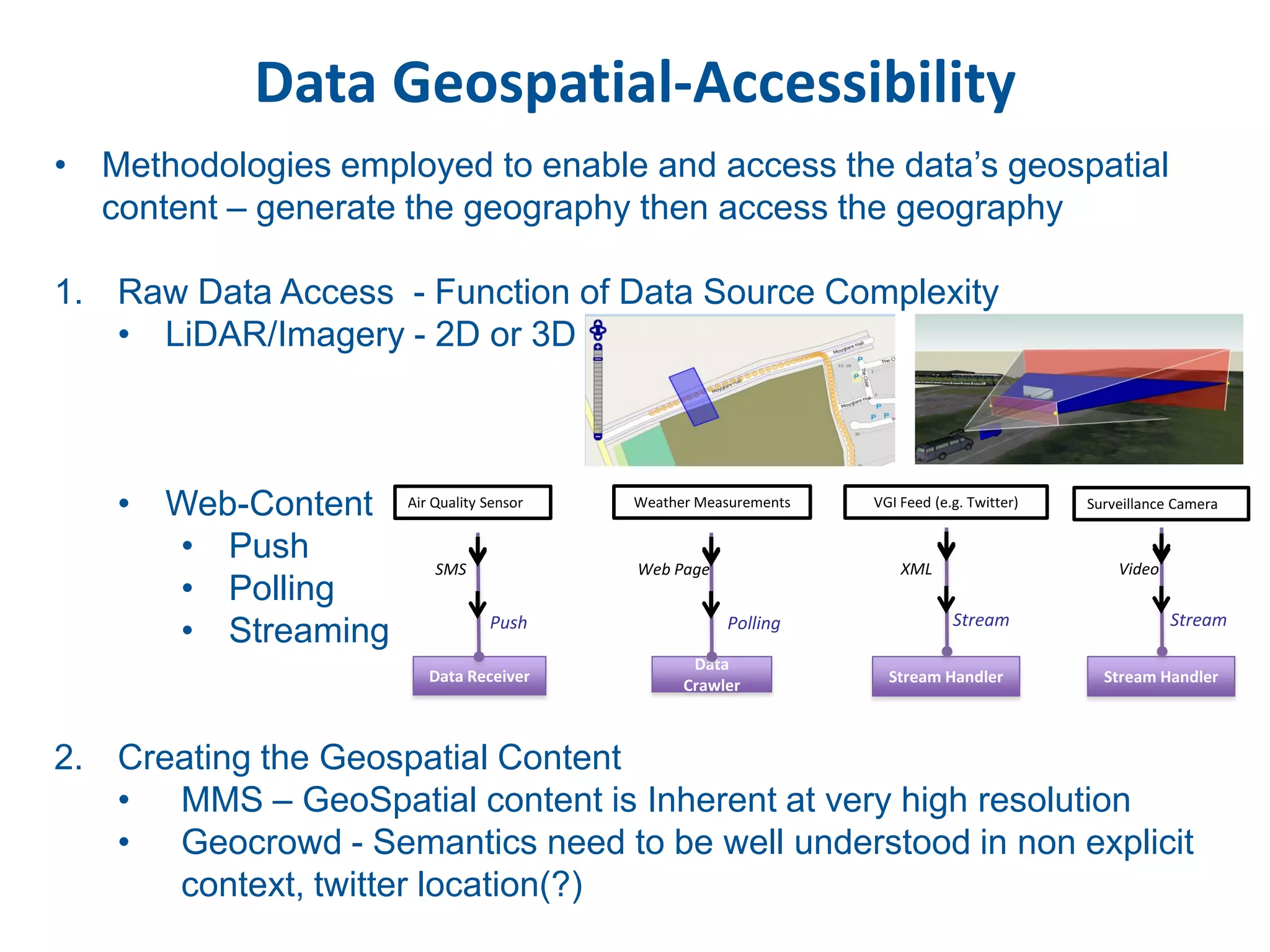 Data Geospatial-Accessibility
• Methodologies employed to enable and access the data’s geospatial
  content – generate the geography then access the geography

1. Raw Data Access - Function of Data Source Complexity
   • LiDAR/Imagery - 2D or 3D



   • Web-Content     Air Quality Sensor   Weather Measurements   VGI Feed (e.g. Twitter)   Surveillance Camera


     • Push              SMS              Web Page                   XML                       Video
     • Polling
     • Streaming                 Push                Polling                 Stream                    Stream

                                                 Data
                        Data Receiver                              Stream Handler            Stream Handler
                                                Crawler



2. Creating the Geospatial Content
   • MMS – GeoSpatial content is Inherent at very high resolution
   • Geocrowd - Semantics need to be well understood in non explicit
      context, twitter location(?)
 