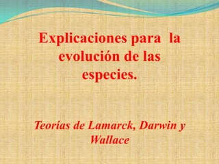 Explicaciones para la
  evolución de las
      especies.


Teorías de Lamarck, Darwin y
           Wallace
 