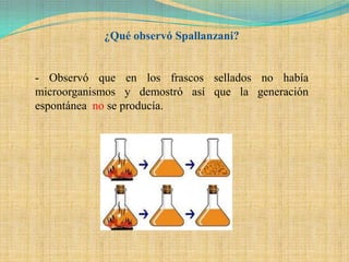 ¿Qué observó Spallanzani?


- Observó que en los frascos sellados no había
microorganismos y demostró así que la generación
espontánea no se producía.
 