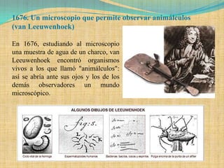 1676. Un microscopio que permite observar animálculos
(van Leeuwenhoek)

En 1676, estudiando al microscopio
una muestra de agua de un charco, van
Leeuwenhoek encontró organismos
vivos a los que llamó "animálculos":
así se abría ante sus ojos y los de los
demás observadores un mundo
microscópico.
 