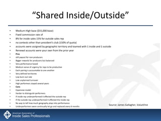 “ Shared Inside/Outside” Medium-High base ($55,000 base) Fixed commission rate of  8% for inside sales 15% for outside sales rep no contests other than president’s club (150% of quota) accounts were assigned by geographic territory and teamed with 1 inside and 1 outside Renewal accounts were your own from the prior year Pros still payout for non-producers Bigger rewards for producers but balanced Very performance based Medium sense of urgency for reps to be productive  Each pairing is accountable to one another Very defined territories Low burn out rate Low unplanned turnover High performers stayed several years Cons Expensive model Harder to distinguish performers If inside rep underperformed it effected the outside rep If the outside rep underperformed it effected the inside rep No way to tell how much geography plays into performance Underperformers were continually let go and replaced every 6 months Source: James Gallagher, ValueVine 