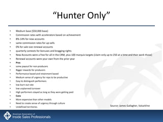 “ Hunter Only” Medium base ($50,000 base) Commission rates with accelerators based on achievement  8%-14% for new accounts same commission rates for up-sells 0% for sale-size renewal accounts quarterly contests for bonuses and bragging rights New Accounts were a free for all in the CRM, plus 100 marquis targets (claim only up to 250 at a time and then work those) Renewal accounts were your own from the prior year Pros some payout for non-producers Bigger rewards for producers  Performance based and retainment based Medium sense of urgency for reps to be productive  Easy to distinguish performers low burn out rate low unplanned turnover High performers stayed as long as they were getting paid Cons More expensive than other models Need to create sense of urgency through culture Undefined territories Source: James Gallagher, ValueVine 