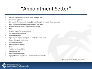 “ Appointment Setter” low base ($15 per hour) 20 to 25 hours per week max bonuses for appts set $30 each for first seven in 2 weeks, $60 each for eight or more in those two weeks addtl $100 bonus for deals closed that were your appt Assigned Accounts in the CRM (400 max at a time) Pros Very low payout for non-producers nice rewards for producers  Performance based  high sense of urgency for reps to be productive every week Easy to distinguish performers Less expensive model Natural sense of urgency Cons Hard to recruit candidates high burn out rate high unplanned turnover High performers stayed up to a maximum of 10-12 months Source: James Gallagher, ValueVine 