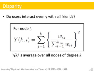 •  Do	
  users	
  interact	
  evenly	
  with	
  all	
  friends?	
  
	
  	
  	
  	
  	
  
Disparity
Journal	
  of	
  Physics	
  A:	
  MathemaMcal	
  and	
  General,	
  20:5273–5288,	
  1987.	
  
For	
  node	
  i,
Y(k)	
  is	
  average	
  over	
  all	
  nodes	
  of	
  degree	
  k
58
 