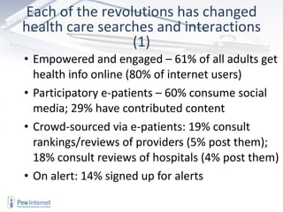 <ul><ul><li>Empowered and engaged – 61% of all adults get health info online (80% of internet users) </li></ul></ul><ul><u...