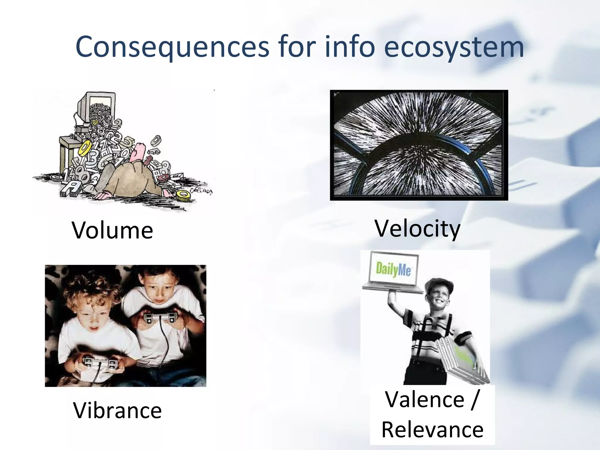 Consequences for info ecosystem Volume Velocity Vibrance Valence / Relevance 