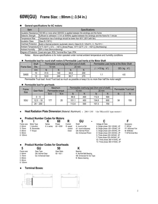 2
60W(GU) Frame Size: □90mm (□3.54 in.)
 General specifications for AC motors:
Item Specifications
Insulation Resistance 100 MΏ or more when 500VDC is applied between the windings and the frame
Dielectric Strength Sufficient to withstand 1.5 kV at 50/60Hz applied between the windings and the frame for 1 minute
Temperature Rise Temperature rise of windings should be lower than 80 (60 with fan)
Insulation Class Class B (130 )
Overheat Protection Build in thermal protector (automatic return); Class B (O: 120±5 , C: 75±15 ）
Ambient Temperature 14°F-104°F (-10 ～+40 ) [three-Phase: 14°F-122°F (-10～+50 )] (Nonfreezing)
Ambient Humidity 85% or less (Noncondensing)
Degree of Protection Lead wire type: IP20; Terminal Box Type: IP54
Notes: Above specifications is for motor operated under normal ambient temperature and humidity conditions
 Permissible load for round shaft motors & Permissible Load Inertia at the Motor Shaft
Frame Size
Shaft
Dia.
Permissible overhung load (from end of shaft) Permissible Load Inertia at the Motor Shaft
10 mm 20 mm
J（×10 kg. ㎡) GD ( kg. ㎡)
mm lb N lb N
5IK60
10 31.5 140 44.9 200
1.1 4.6
12 53.9 240 60.7 270
Permissible Trust load: Avoid Trust load as much as possible or keep it to no more than half the motor weight
 Permissible load for gearheads
Frame
Size
Gear Ratio
Maximum
Permissible torque
Permissible overhung load (from end of shaft)
Permissible Trust load
10 mm 20 mm
lb-in N.m lb N lb N lb N
5GU
3～9
177 20
89.9 400 112.4 500
34 15012.5～18 101.1 450 134.8 600
25～200 112.4 500 157.3 700
● Heat Radiation Plate Dimension (Material: Aluminum) ：200×200 （for 5IKxxxGU type motors）
● Product Number Codes for Motors:
5 I K 60 R GU - C F
Frame size Motor Type Series Power Control Shaft Voltage & Poles Accessory
2: 60mm I: Induction K: k series 60 = 60W R: speed A: round w/ flat A: Single phase 100~120VAC, 4P F: W/Fan
3: 70mm R: Reversible control A1: round w/keyway B: Single phase 100~120VAC, 2P FF: W/forced Fan
4: 80mm T: Torque motor GN: Normal Pinion C: Single phase 220~240VAC, 4P M: W/Brake
5: 90mm GU: Enhanced Pinion D: Single phase 220~240VAC, 2P T: W/Terminal Box
6: 100mm S: Three phase 220~240VAC, 4P
T: Three phase 220~240VAC, 2P
S3: Three phase 380~415VAC, 4P
T3: Three phase 380~415VAC, 2P
● Product Number Codes for Gearheads:
5 GU 50 K
Frame size Gear Type Gear Ratio Bearing
2: 60mm GN: Normal Gear 50 = 50:1 K: Normal Ball Bearing
3: 70mm GU: Enhanced Gear KB: Enhanced for GU Type
4: 80mm B: Sleeve bearing
5: 90mm
6: 100mm
● Terminal Boxes:
 