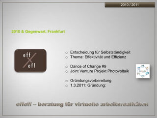 2010 / 2011




2010 & Gegenwart, Frankfurt




      effeff                  o Entscheidung für Selbstständigkeit
                              o Thema: Effektivität und Effizienz

                              o Dance of Change #9
                              o Joint Venture Projekt Photovoltaik

                              o Gründungsvorbereitung
                              o 1.3.2011: Gründung:
 