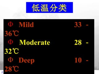 Mild  33 － 36 ℃ Moderate  28 － 32 ℃ Deep  10 － 28 ℃ Profoud  5 － 10 ℃ Ultraprofoud  0 －  5 ℃ 低温分类 