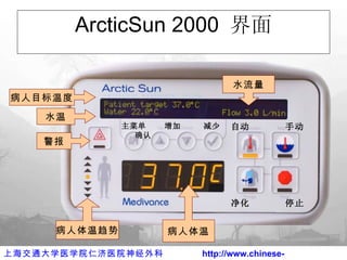 ArcticSun 2000  界面 病人体温 病人体温趋势 病人目标温度 水温 水流量 警报 自动  手动 净化  停止 主菜单  增加  减少  确认 