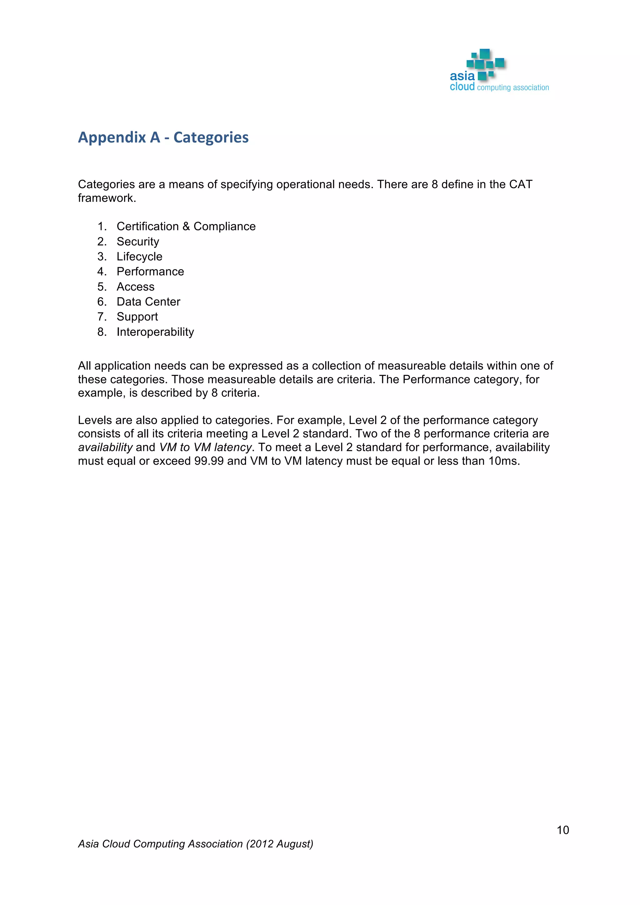 Asia Cloud Computing Association (2012 August)
10
Appendix	
  A	
  -­‐	
  Categories	
   	
  
	
  
	
  
Categories are a means of specifying operational needs. There are 8 define in the CAT
framework.
1. Certification & Compliance
2. Security
3. Lifecycle
4. Performance
5. Access
6. Data Center
7. Support
8. Interoperability
All application needs can be expressed as a collection of measureable details within one of
these categories. Those measureable details are criteria. The Performance category, for
example, is described by 8 criteria.
Levels are also applied to categories. For example, Level 2 of the performance category
consists of all its criteria meeting a Level 2 standard. Two of the 8 performance criteria are
availability and VM to VM latency. To meet a Level 2 standard for performance, availability
must equal or exceed 99.99 and VM to VM latency must be equal or less than 10ms.
 