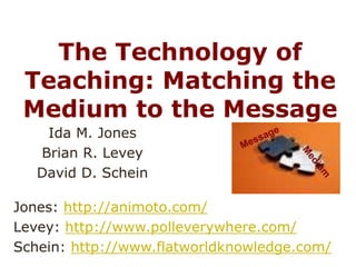 The Technology of Teaching: Matching the Medium to the Message Ida M. Jones Brian R. Levey David D. Schein Message Medium Jones: http://animoto.com/ Levey: http://www.polleverywhere.com/ Schein: http://www.flatworldknowledge.com/ 