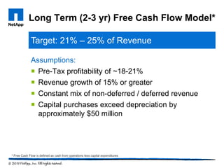Long Term (2-3 yr) Free Cash Flow Model*

             Target: 21% – 25% of Revenue

             Assumptions:
              Pre-Tax profitability of ~18-21%
              Revenue growth of 15% or greater
              Constant mix of non-deferred / deferred revenue
              Capital purchases exceed depreciation by
               approximately $50 million




* Free Cash Flow is defined as cash from operations less capital expenditures
 