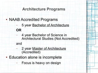 Architecture Programs NAAB Accredited Programs 5 year  Bachelor of Architecture OR 4 year Bachelor of Science in Architectural Studies (Not Accredited) and 2 year  Master of Architecture  (Accredited) Education alone is incomplete Focus is heavy on design 