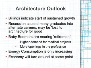 Architecture Outlook Billings indicate start of sustained growth Recession caused many graduates into alternate careers, may be 'lost' to architecture for good Baby Boomers are nearing 'retirement' Higher demand for medical projects More openings in the profession Energy Consumption is only increasing Economy will turn around at some point 