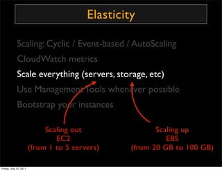 Elasticity

             Scaling: Cyclic / Event-based / AutoScaling
             CloudWatch metrics
             Scale ev...