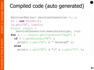 ECOOP 11 Summer School

                                Compiled code (auto generated)

                                Service<Mailer> serviceConnection =...;
                                in = new Forest();
                                in.put(“X”, limit);
                                Forest result =
                                   serviceConnection.execute(script, in);
                                for ( r : result.getIteration(“msg”) )
                                  if ( r.getBoolean(“B”) )
University of Texas at Austin




                                    print( r.get(“A”) & “ Deleted” );
                                  else
                                    print( r.get(“A”) & “:” & r.get(“C”) );




                                                                              31
 