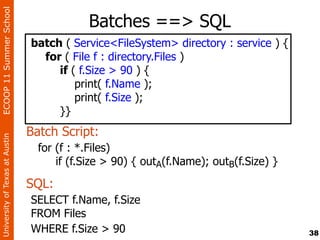 ECOOP 11 Summer School

                                            Batches ==> SQL
                                batch ( Service<FileSystem> directory : service ) {
                                  for ( File f : directory.Files )
                                     if ( f.Size > 90 ) {
                                         print( f.Name );
                                         print( f.Size );
                                     }}
                                Batch Script:
University of Texas at Austin




                                  for (f : *.Files)
                                      if (f.Size > 90) { outA(f.Name); outB(f.Size) }

                                SQL:
                                SELECT f.Name, f.Size
                                FROM Files
                                WHERE f.Size > 90                                       38
 