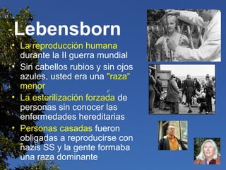 Lebensborn
• La reproducción humana
durante la II guerra mundial
• Sin cabellos rubios y sin ojos
azules, usted era una "raza“
menor
• La esterilización forzada de
personas sin conocer las
enfermedades hereditarias
• Personas casadas fueron
obligadas a reproducirse con
nazis SS y la gente formaba
una raza dominante
 