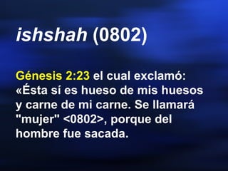 ishshah (0802)
Génesis 2:23 el cual exclamó:
«Ésta sí es hueso de mis huesos
y carne de mi carne. Se llamará
"mujer" <0802>, porque del
hombre fue sacada.
 