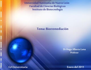 Universidad Autónoma de Nuevo León
                 Facultad de Ciencias Biológicas
                   Instituto de Biotecnología



                      Tema: Biorremediación



                                           Dr Hugo Alberto Luna
                                                   Profesor



Cd Universitaria                              Enero del 2011
 
