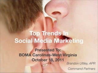 Top Trends In
Social Media Marketing
       Presented To:
 BOMA Carolinas-West Virginia
     October 18, 2011
                        Brandon Uttley, APR
                        Command Partners
 