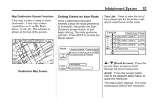 Black plate (53,1)Acadia, Acadia Denali, Enclave, Traverse, Lucerne Navigation System - 2011
Infotainment System 53
Map Destination Screen Functions
If the map screen is used to show
destination, it has map screen
capabilities such as Go, Mark,
Zoom, Scroll, etc. The address is
shown at the top of the screen.
Destination Map Screen
Getting Started on Your Route
Once a destination has been
entered, select the route preference
(if available), then press the Start
Guidance screen button, or just
begin driving. The route guidance
will start. Press DEST to access the
Route screen.
Turn List: Press to view the list of
turn maneuvers for the entire route
and to avoid turns on the route.
r / q (Scroll Arrows): Press the
up and down arrows to scroll
through the list of maneuvers.
Avoid: Press this screen button,
next to the adjacent street name, to
avoid the maneuver.
The map screen displays. The route
recalculates without that maneuver.
 