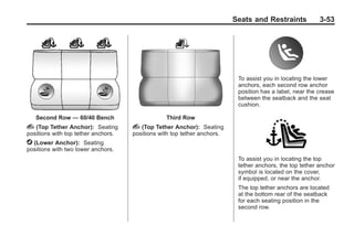 Black plate (53,1)Buick Enclave Owner Manual - 2011
Seats and Restraints 3-53
Second Row — 60/40 Bench
i (Top Tether Anchor): Seating
positions with top tether anchors.
j (Lower Anchor): Seating
positions with two lower anchors.
Third Row
i (Top Tether Anchor): Seating
positions with top tether anchors.
To assist you in locating the lower
anchors, each second row anchor
position has a label, near the crease
between the seatback and the seat
cushion.
To assist you in locating the top
tether anchors, the top tether anchor
symbol is located on the cover,
if equipped, or near the anchor.
The top tether anchors are located
at the bottom rear of the seatback
for each seating position in the
second row.
 