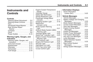 Black plate (1,1)Buick Enclave Owner Manual - 2011
Instruments and Controls 5-1
Instruments and
Controls
Controls
Steering Wheel Adjustment . . . 5-2
Steering Wheel Controls . . . . . . 5-3
Horn . . . . . . . . . . . . . . . . . . . . . . . . . . 5-5
Windshield Wiper/Washer . . . . . 5-5
Rear Window Wiper/
Washer . . . . . . . . . . . . . . . . . . . . . . 5-6
Compass . . . . . . . . . . . . . . . . . . . . . 5-6
Clock . . . . . . . . . . . . . . . . . . . . . . . . . 5-8
Power Outlets . . . . . . . . . . . . . . . 5-10
Warning Lights, Gauges, and
Indicators
Warning Lights, Gauges, and
Indicators . . . . . . . . . . . . . . . . . . 5-12
Instrument Cluster . . . . . . . . . . . 5-13
Speedometer . . . . . . . . . . . . . . . . 5-14
Odometer . . . . . . . . . . . . . . . . . . . . 5-14
Tachometer . . . . . . . . . . . . . . . . . . 5-14
Fuel Gauge . . . . . . . . . . . . . . . . . . 5-14
Engine Coolant Temperature
Gauge . . . . . . . . . . . . . . . . . . . . . . 5-15
Voltmeter Gauge . . . . . . . . . . . . . 5-15
Safety Belt Reminders . . . . . . . 5-16
Airbag Readiness Light . . . . . . 5-17
Passenger Airbag Status
Indicator . . . . . . . . . . . . . . . . . . . . 5-17
Charging System Light . . . . . . 5-18
Malfunction
Indicator Lamp . . . . . . . . . . . . . 5-19
Brake System Warning
Light . . . . . . . . . . . . . . . . . . . . . . . 5-21
Antilock Brake System (ABS)
Warning Light . . . . . . . . . . . . . . 5-22
Tow/Haul Mode Light . . . . . . . . 5-22
StabiliTrak®
Indicator Light . . . 5-23
Engine Coolant Temperature
Warning Light . . . . . . . . . . . . . . 5-23
Tire Pressure Light . . . . . . . . . . 5-23
Engine Oil Pressure Light . . . . 5-24
Security Light . . . . . . . . . . . . . . . . 5-24
High-Beam On Light . . . . . . . . . 5-24
Front Fog Lamp Light . . . . . . . . 5-25
Cruise Control Light . . . . . . . . . 5-25
Information Displays
Driver Information
Center (DIC) . . . . . . . . . . . . . . . 5-25
Vehicle Messages
Vehicle Messages . . . . . . . . . . . 5-30
Battery Voltage and Charging
Messages . . . . . . . . . . . . . . . . . . 5-30
Brake System Messages . . . . 5-31
Cruise Control Messages . . . . 5-31
Door Ajar Messages . . . . . . . . . 5-31
Engine Cooling System
Messages . . . . . . . . . . . . . . . . . . 5-32
Engine Oil Messages . . . . . . . . 5-33
Engine Power Messages . . . . 5-33
Fuel System Messages . . . . . . 5-34
Key and Lock Messages . . . . . 5-34
Lamp Messages . . . . . . . . . . . . . 5-34
Object Detection System
Messages . . . . . . . . . . . . . . . . . . 5-35
Ride Control System
Messages . . . . . . . . . . . . . . . . . . 5-35
Airbag System Messages . . . . 5-36
 