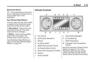 Black plate (13,1)Buick Enclave Owner Manual - 2011
In Brief 1-13
Windshield Washer
J : Press the button at the end of
the turn signal/lane change lever to
spray washer fluid on the
windshield.
Rear Window Wiper/Washer
The rear wiper and rear wash button
is located on the instrument panel
below the climate control system.
Z (Rear Wiper): Press to turn the
rear wiper on and off. The wiper
speed cannot be changed.
Y (Wash): Press to spray washer
fluid on the rear window. The
window wiper will also come on.
See Windshield Wiper/Washer on
page 5‑5 and Rear Window Wiper/
Washer on page 5‑6.
Climate Controls
A. Fan Control
B. AUTO (Auto Operation)
C. Defrost
D. Air Recirculation
E. REAR (Rear Climate Control)
F. Air Delivery Mode Control
G. Driver Side Temperature Control
H. Display
I. Power (On/Off)
J. Rear Window Defogger
K. Air Conditioning
L. PASS (Passenger)
M. Passenger Side Temperature
Control
See Dual Automatic Climate Control
System on page 8‑1. For more
information about the rear climate
control, see Rear Climate Control
System (Rear Climate Control Only)
 