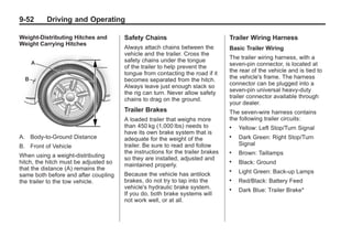 Black plate (52,1)Buick Enclave Owner Manual - 2011
9-52 Driving and Operating
Weight-Distributing Hitches and
Weight Carrying Hitches
A. Body-to-Ground Distance
B. Front of Vehicle
When using a weight-distributing
hitch, the hitch must be adjusted so
that the distance (A) remains the
same both before and after coupling
the trailer to the tow vehicle.
Safety Chains
Always attach chains between the
vehicle and the trailer. Cross the
safety chains under the tongue
of the trailer to help prevent the
tongue from contacting the road if it
becomes separated from the hitch.
Always leave just enough slack so
the rig can turn. Never allow safety
chains to drag on the ground.
Trailer Brakes
A loaded trailer that weighs more
than 450 kg (1,000 lbs) needs to
have its own brake system that is
adequate for the weight of the
trailer. Be sure to read and follow
the instructions for the trailer brakes
so they are installed, adjusted and
maintained properly.
Because the vehicle has antilock
brakes, do not try to tap into the
vehicle's hydraulic brake system.
If you do, both brake systems will
not work well, or at all.
Trailer Wiring Harness
Basic Trailer Wiring
The trailer wiring harness, with a
seven-pin connector, is located at
the rear of the vehicle and is tied to
the vehicle's frame. The harness
connector can be plugged into a
seven-pin universal heavy-duty
trailer connector available through
your dealer.
The seven-wire harness contains
the following trailer circuits:
. Yellow: Left Stop/Turn Signal
. Dark Green: Right Stop/Turn
Signal
. Brown: Taillamps
. Black: Ground
. Light Green: Back-up Lamps
. Red/Black: Battery Feed
. Dark Blue: Trailer Brake*
 