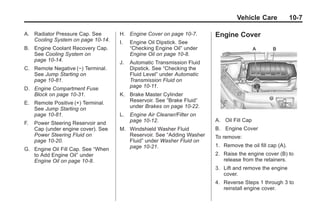 Black plate (7,1)Buick Enclave Owner Manual - 2011
Vehicle Care 10-7
A. Radiator Pressure Cap. See
Cooling System on page 10‑14.
B. Engine Coolant Recovery Cap.
See Cooling System on
page 10‑14.
C. Remote Negative (−) Terminal.
See Jump Starting on
page 10‑81.
D. Engine Compartment Fuse
Block on page 10‑31.
E. Remote Positive (+) Terminal.
See Jump Starting on
page 10‑81.
F. Power Steering Reservoir and
Cap (under engine cover). See
Power Steering Fluid on
page 10‑20.
G. Engine Oil Fill Cap. See “When
to Add Engine Oil” under
Engine Oil on page 10‑8.
H. Engine Cover on page 10‑7.
I. Engine Oil Dipstick. See
“Checking Engine Oil” under
Engine Oil on page 10‑8.
J. Automatic Transmission Fluid
Dipstick. See “Checking the
Fluid Level” under Automatic
Transmission Fluid on
page 10‑11.
K. Brake Master Cylinder
Reservoir. See “Brake Fluid”
under Brakes on page 10‑22.
L. Engine Air Cleaner/Filter on
page 10‑12.
M. Windshield Washer Fluid
Reservoir. See “Adding Washer
Fluid” under Washer Fluid on
page 10‑21.
Engine Cover
A. Oil Fill Cap
B. Engine Cover
To remove:
1. Remove the oil fill cap (A).
2. Raise the engine cover (B) to
release from the retainers.
3. Lift and remove the engine
cover.
4. Reverse Steps 1 through 3 to
reinstall engine cover.
 